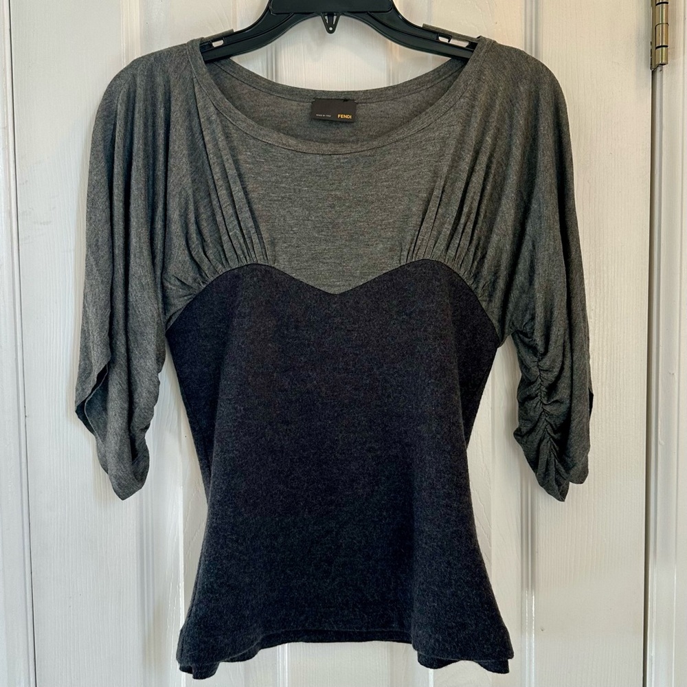 Authentic Fendi 3/4 Black & Gray Fleece Wool/Rayon Asymmetrical Sleeves Top Sz 6
